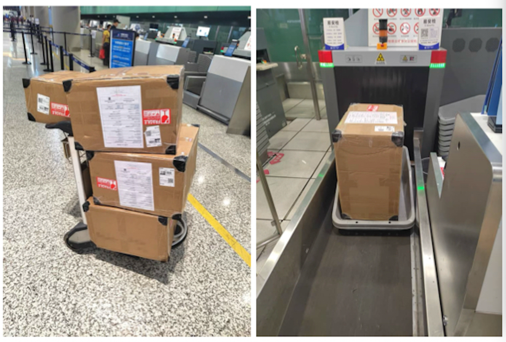 Two project photographs showing packed cartons on an airport trolley and a carton at a security screening conveyor.